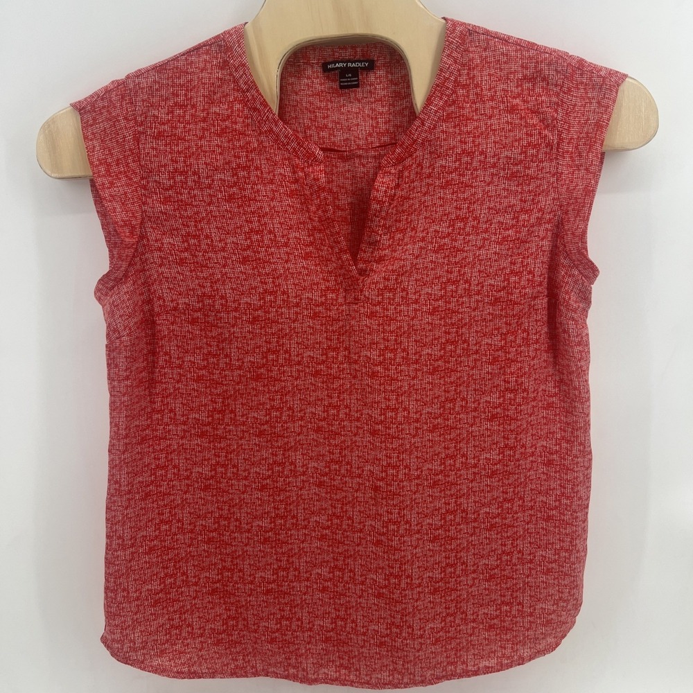 HILARY RADLEY Top Sz Large Red White Cap Sleeve V Neck
